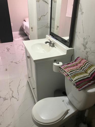 ein Badezimmer mit einem WC, einem Waschbecken und einem Spiegel in der Unterkunft Hollywood Beach Efficient in Hollywood
