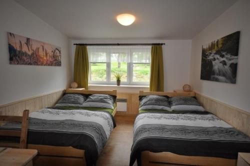 Dos camas en una habitación con ventana. en Studio Apartments Lipno 22, 24, en Lipno nad Vltavou