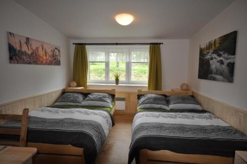 two beds in a room with a window at Studio Apartments Lipno 22, 24 in Lipno nad Vltavou