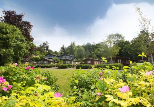 バセンスウェイトにあるBassenthwaite Lakeside Lodgesの家屋を背景に花の庭園