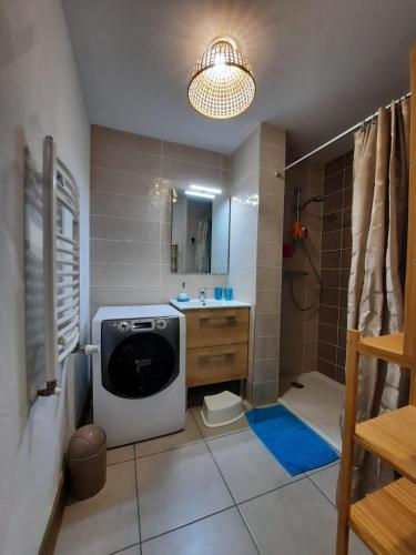 une salle de bain avec un lavabo et une machine à laver dans l'établissement les 7 laux immobilier chalet E, à Prapoutel
