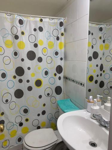 a bathroom with a toilet and a shower curtain at Arriendo Departamento in Santiago