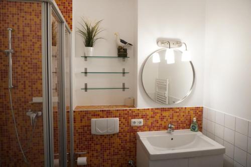 ein Bad mit einem Waschbecken und einem Spiegel in der Unterkunft Villa Josephine App. 14 in Kühlungsborn