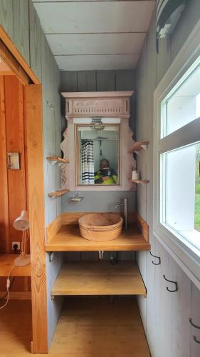 ein Bad mit einem Waschbecken und einem Spiegel in der Unterkunft les Cardaires in Grignols