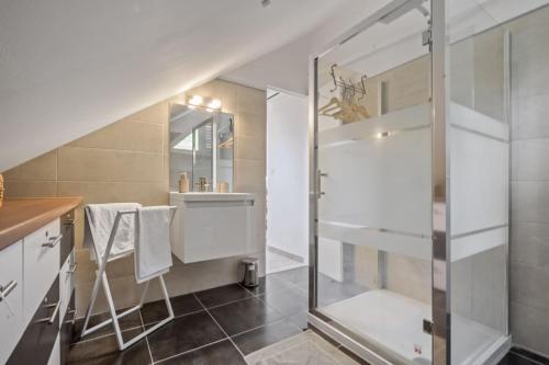 ein Bad mit einer Glasduschkabine und einem Waschbecken in der Unterkunft Villa Rêve du Rocher in Le Diamant