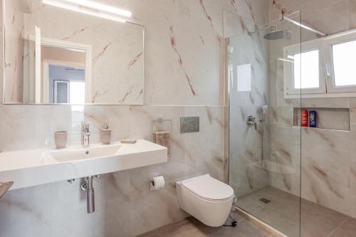 a bathroom with a toilet and a sink and a shower at Dimitra Apartment in Kassiopi