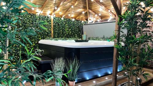 uma casa de banho com um lavatório e algumas plantas em Romance On The Rows - Hot Tub City Centre em Chester