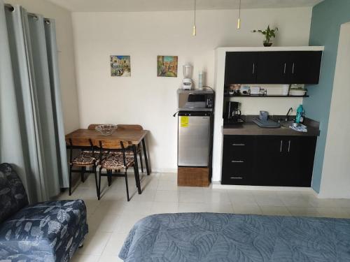 uma cozinha com uma mesa e uma pequena cozinha com um frigorífico em Mi Espacio em Mérida