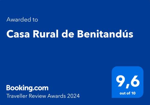 Sertifikāts, apbalvojums, norāde vai cits dokuments, kas ir izstādīts apskatei naktsmītnē Casa Rural de Benitandús