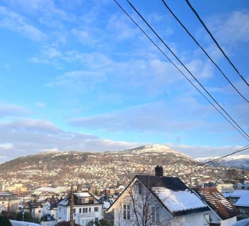 a view of a city with a mountain in the background at Spacious and Beautiful Apartment in Bergen with free parking in Bergen