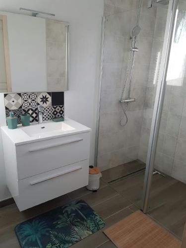 une salle de bain avec un lavabo blanc et une douche dans l'établissement La Perle de Dolitéma, à Grues