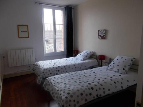 2 camas individuales en una habitación con ventana en Crouy-sur-Cosson : maison aux portes de Chambord, en Crouy-sur-Cosson