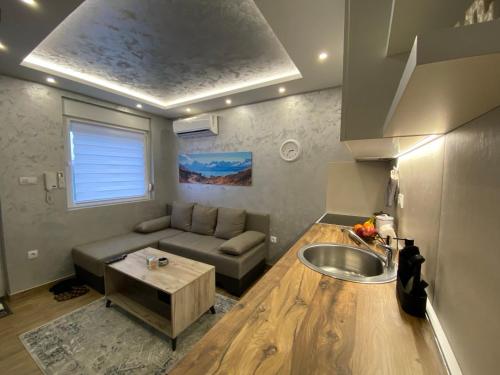 a kitchen with a couch and a sink in a room at Apartman Marsalforn in Veternik