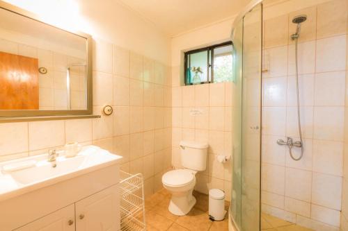 uma casa de banho com um WC, um lavatório e um chuveiro em Cabaña Vaenga Miro em Hanga Roa