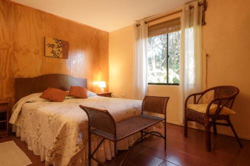a bedroom with a bed and two chairs and a window at Cabaña Vaenga Miro in Hanga Roa