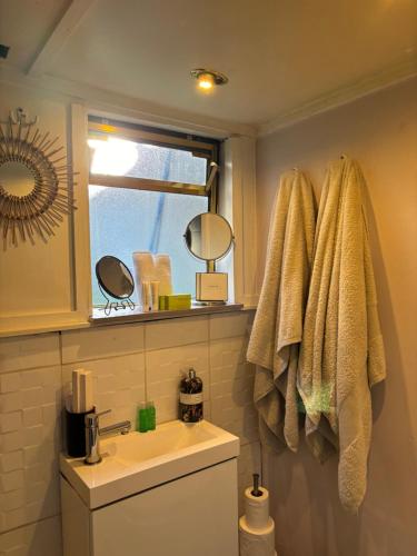 a bathroom with a sink and a window at Narrow Boat moored in London in London