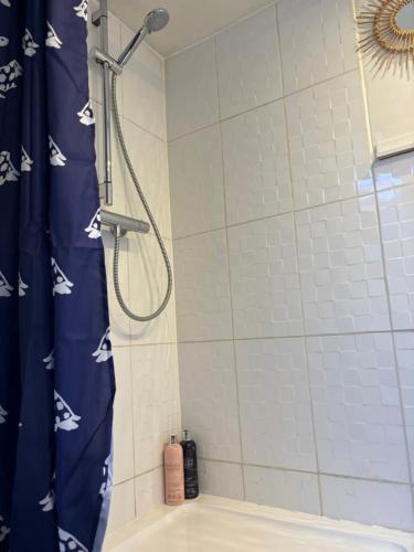 um chuveiro na casa de banho com uma cortina de chuveiro azul em Narrow Boat moored in London em Londres