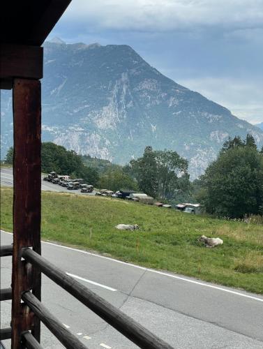 a view of a mountain with cows grazing in a field at Mazot Agora & Spa Family Trip - Chalet Ouest R+1 in Salvan