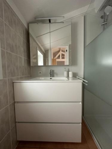 Baño blanco con lavabo y espejo en Vakantiehuisje Wenduine en De Haan