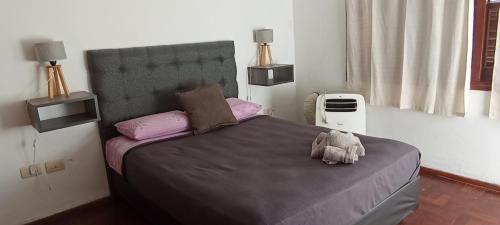 een slaapkamer met een bed met een knuffeldier erop bij Güemes Hostel Cordoba in Cordoba