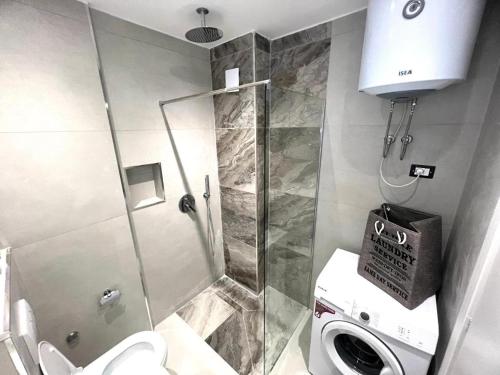 a bathroom with a shower and a toilet at Golem Cozy Heaven Apartment in Golem