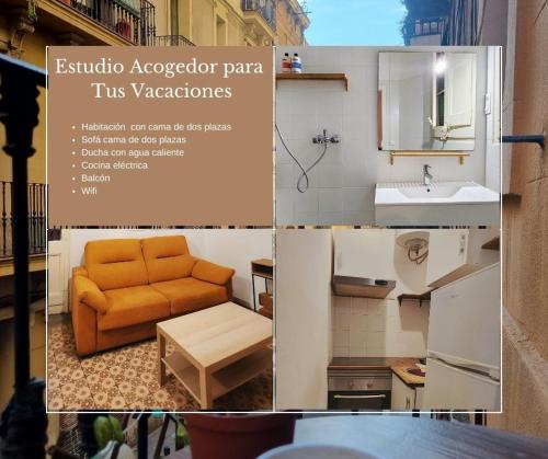 a collage of a kitchen and a living room with an orange couch at Dorado 2 in Barcelona