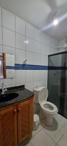 uma casa de banho com um WC, um lavatório e um chuveiro em G Sereia em São Mateus
