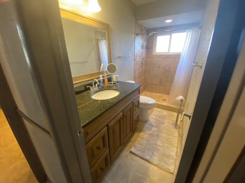 a bathroom with a sink and a toilet and a mirror at Close to beaches Pet friendly heated pool hot tub in Largo