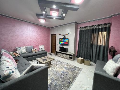 salon z kanapą i telewizorem w obiekcie Sasha House w Kairze