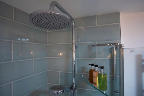 a bathroom with a shower with bottles on a glass shelf at Uwch-Y-Mor in Llanfairfechan