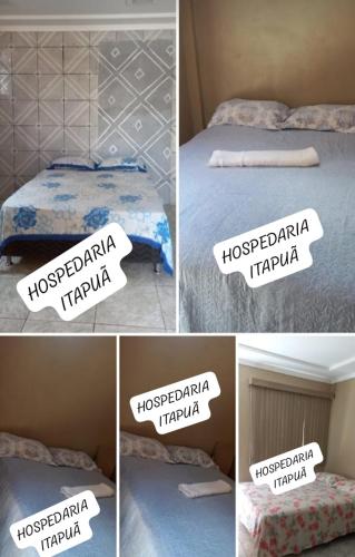 a collage of four pictures of a bed with a sign at HOSPEDARIA ITAPUÃ in Santarém