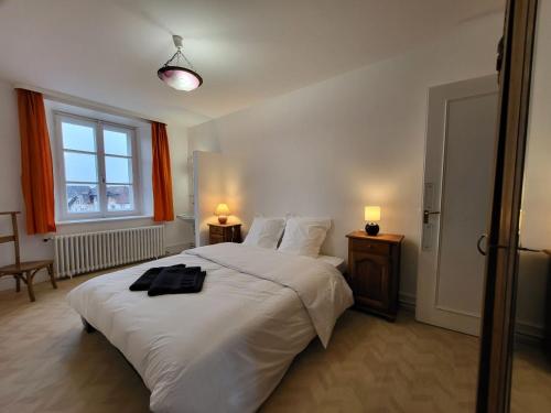 1 dormitorio con 1 cama blanca grande y 2 mesitas de noche en Villa 18.78, 10 min de la Suisse, en Damprichard