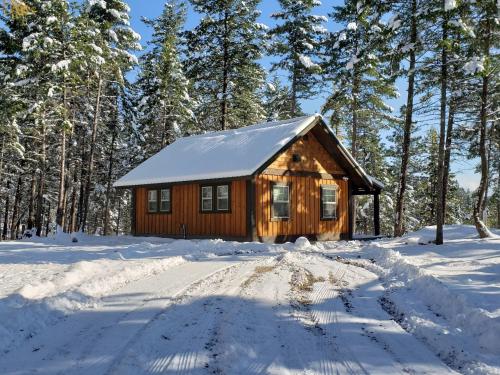 eine kleine Holzhütte im Schnee mit Bäumen in der Unterkunft Whispering Pines cabins in Lakeside