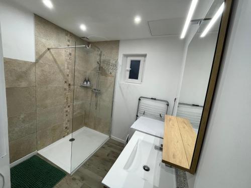 une salle de bain avec douche et lavabo dans l'établissement Maison plain pied au calme, à Cuges-les-Pins