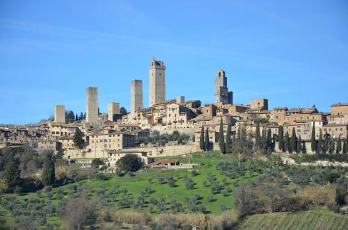 a city on top of a hill with tall buildings at Appartamento Il Nespolo in San Gimignano