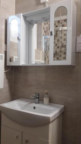 a bathroom with a white sink and a mirror at Alexander apartman in Gyula
