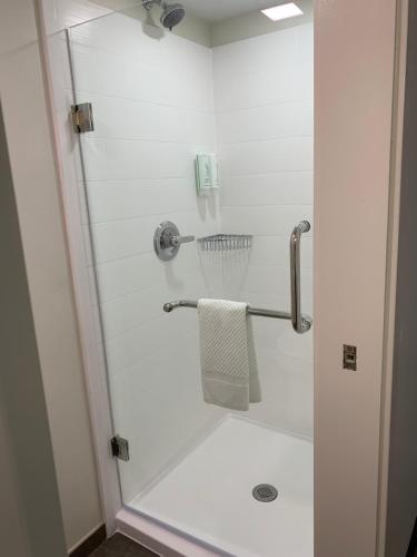 uma casa de banho com um chuveiro e uma toalha. em Sleep Inn em Staunton