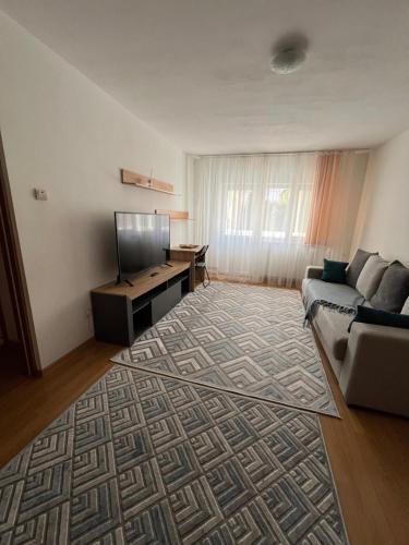 uma sala de estar com um sofá e uma televisão de ecrã plano em Apartament centru em Râmnicu Vâlcea