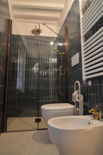 a bathroom with a shower and a toilet and a sink at Appartamento Il Nespolo in San Gimignano