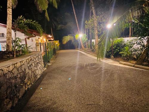 an empty street at night with palm trees and lights at Ibeeza Motel in Dickwella