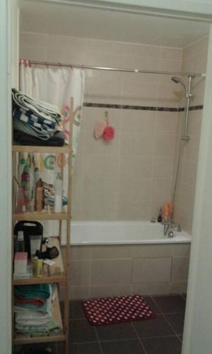 y baño con ducha, bañera y lavamanos. en Apt 3 bedrooms-1km from Disney and Vallée Village en Serris