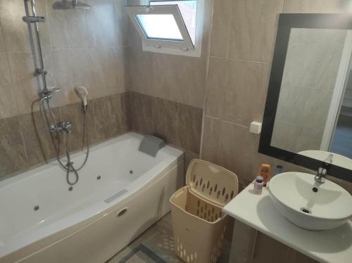 a bathroom with a tub and a sink and a bath tub at Lion Apartment in Limenas