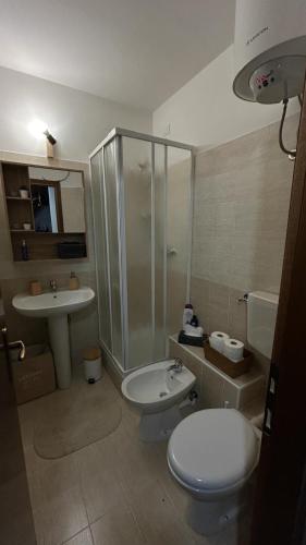 een badkamer met een wastafel, een toilet en een douche bij Baita Campo Felice in Collimento