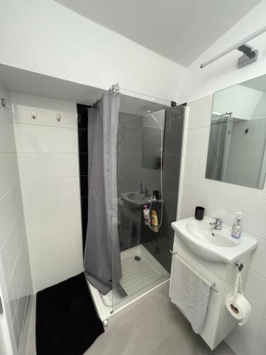 a white bathroom with a shower and a sink at Isis House in Maspalomas