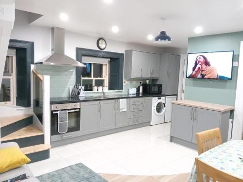 a kitchen with grey cabinets and a tv on the wall at Fenniscourt Cottage in Carlow