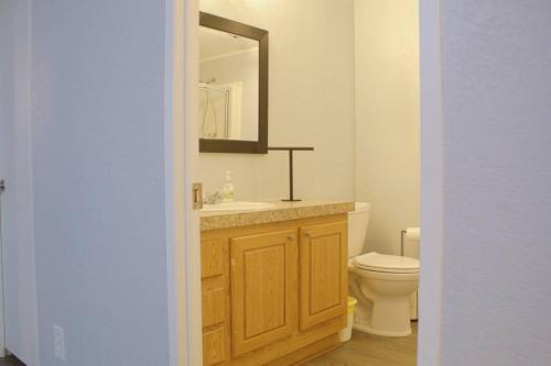 bagno con lavandino, servizi igienici e specchio di Lakeside Retreat a Quitman