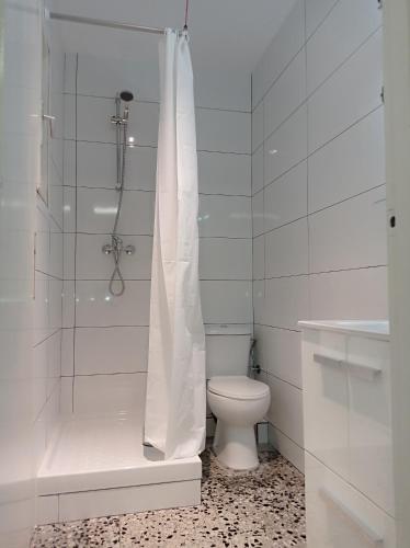 ein Bad mit einem WC und einer Dusche mit einem Duschvorhang in der Unterkunft Bright Private Double Room City Center Metro L-1 Urgell L-5 Hospital Clinic in Barcelona