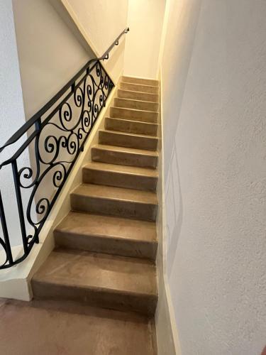 a staircase with a wrought iron railing and concrete steps at Villa 18.78, 10 min de la Suisse in Damprichard