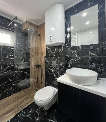 Un baño con lavabo, inodoro y ducha. en Codex Kolasin, en Kolašin