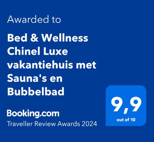 Captura de pantalla de un teléfono móvil con texto actualizado a la cama y a la clínica de bienestar en directo en Bed & Wellness Chinel Luxe vakantiehuis met Sauna's en Bubbelbad, en Sint Annaland